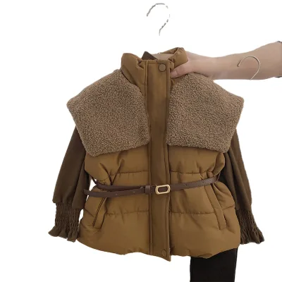 Girls' Casual Solid Style Autumn Winter Suits Thick Quilted Large Lapels Short Vests High Collars Versatile Bottoming Shirts