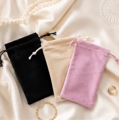 Eco-Friendly Recyclable Velvet Bags Packaging with Drawstring Closure and Customizable Printing for Jewelry and Watches