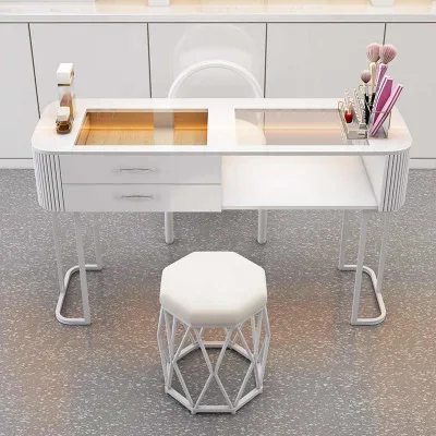 Contemporary Light Luxury Nail Table with Cream Tone Glass Surface Solid Wood Frame for Salon Home Use