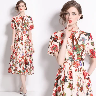 Summer New Casual Shirt Printed Medium Length Skirt Slim Fit Waist Loose Dress
