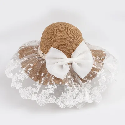Fufan Ladies Straw Hat with Cute Bow Breathable Thin Lace Shade Big Brim Beach Travel Hat Outdoor Striped Style