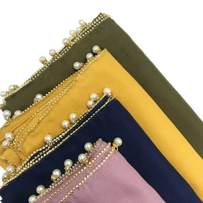 Factory Direct Cotton Linen Monochrome Chain Hanging Large Pearl Ladies Fashion Long Pearl Cotton Hijab Scarf Chiffon Muslims