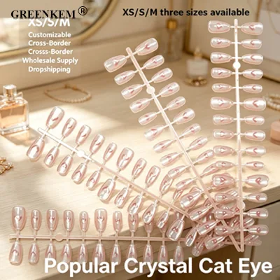 30pcs Press on Nail XS/S/M Pink Artificial Nails Daily Wear Prefabricated Cat Eye Gel False Nail Tips