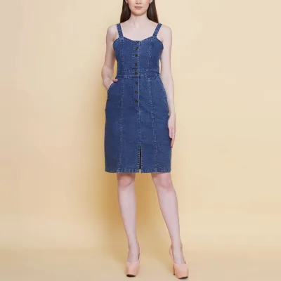 Light Wash Denim Mini Skinny Casual Summer Bodycon Dress with Button Front and Flap Pockets Simple Breathable