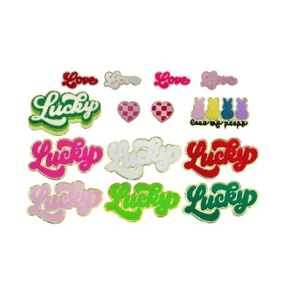 Best Selling Golden Glitter Trim Iron on Love Heart Letter Design Chenille Patches Custom Valentines Patch for Clothes