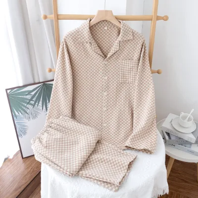 Men's Premium for 100% Cotton Long Sleeve Cardigan Spring and Autumn Breathable Pajamas Lapel Checkered Pattern Home Wear