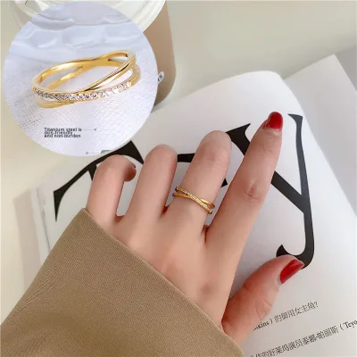 Stainless Steel Hot-Selling Women's Ring Cross Design Micro-Inlaid Line Index Finger Ring Fashionable Natural Stone Light Ring