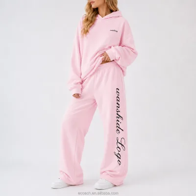 Custom Womens Oversized 100% Cotton Acid Wash Printed Hoodie Set Logo Casual Wide Leg Sweatpants Streetwear Two Piece Track Suit