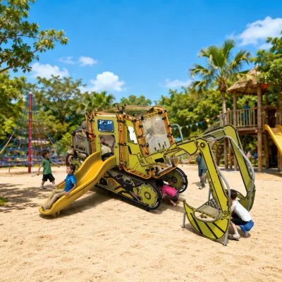 Kids Excavator Playhouse Slide Metal Outdoor Engineering Vehicle Pretend Play Equipment Kindergarten Daycare Preschool