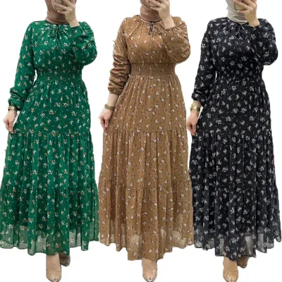Hot Selling Women's Middle Eastern Muslim Chiffon Flower Wrapped Long Fashionable and Elegant Dress