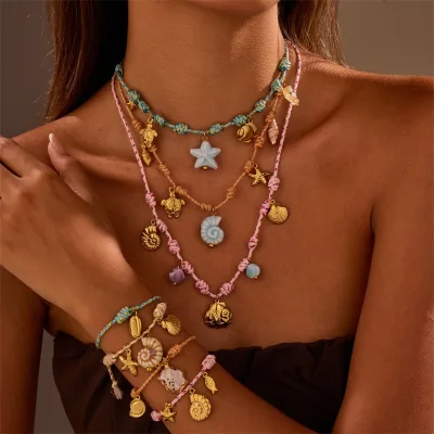 Ocean Elements Series Colorful Braided Rope Necklace Bracelet Fish Shell Starfish Stainless Steel Charm Pendant for Women