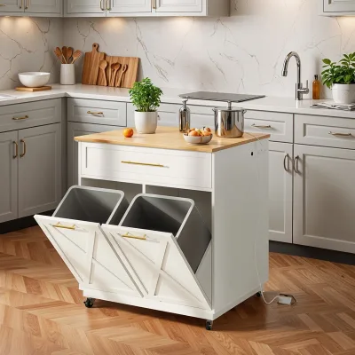 Rolling Kitchen Island with Double Tilt Out Trash Can Storage Cabinet Power Outlet Versatile Tilt-out Trash Can Cabinet