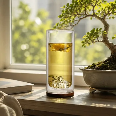 250ml Double Wall High Borosilicate Glass Mountain Tea Cup With Natural Wood Base Heat Resistant Guanshan Glass Tumbler For Tea