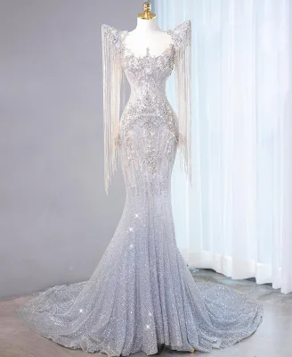 Customized Charming Short Sleeve Mermaid Wedding Dresses Scoop-Neck Gorgeous Tassel Luxury Bridal Evening Dress