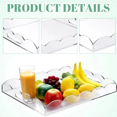 Wholesale Custom Scalloped Edge Acrylic Serving Tray 2 Pack Clear Decorative Storage Tray with Handle Home Display Organizer