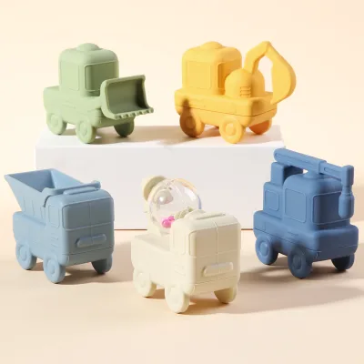 Custom Logo Kid Water Playing Set Gift Bathtub Spray Construction Vehicle Car Soft Educational Silicone Baby Bath Toy