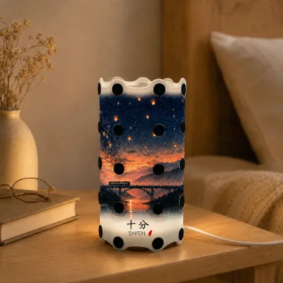 SHIFEN Inspired DIY PP Table Lamp with Custom Scenic Print, Snap-Fit Lampshade and LED Wooden Light Base for Taiwan Travel Gifts