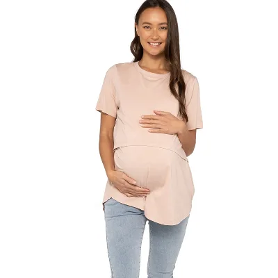 Custom Women Maternity Nursing T Shirt Round Neck Short Sleeve Double Layer Design Side Nursing Access High Stretch Modal Tee