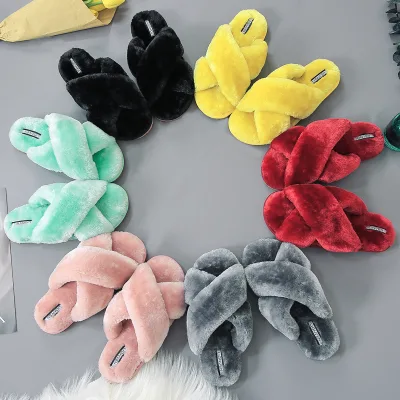 Womens Fashion Fur Slide Slippers with PU Lining Crisscross Open Toe for Winter Spring Autumn Indoor and Home Wear for Women