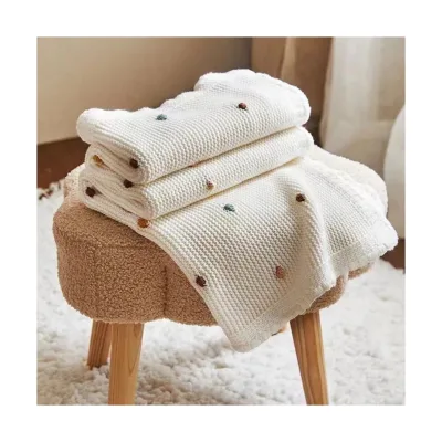 Polka Dot Embroidery 100% Cotton Knitted Throw Blanket Cozy Soft Lightweight Textile for Baby Kids Nursery Bedding Decor