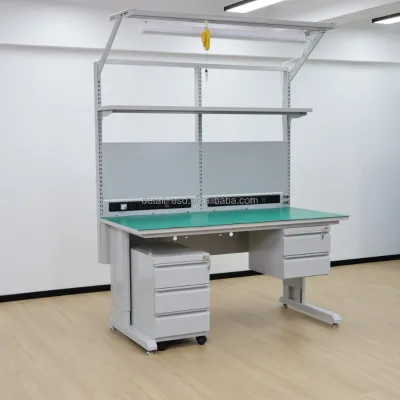 Adjustable Height ESD Work Table with Rolling Drawer Unit & Pegboard, IEC 61340 Compliant