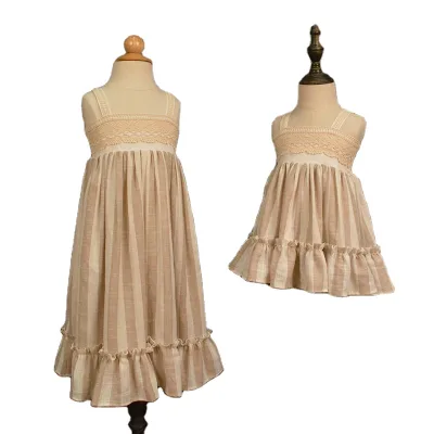 Geometric Stripe OEM ODM Kids Cotton Linen Dress Customized Lace Trim Beige Children Sleeveless Midi Spring Dress