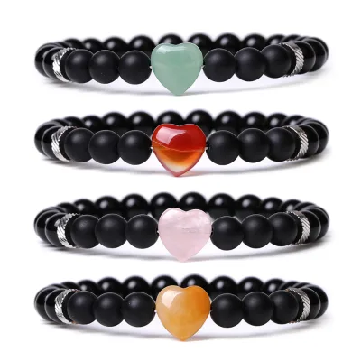 gemstone 1.2cm Rose Quartz Tiger Eyes Black Obsidian Hony Onyx Heart Charms Beaded Bracelet-Fashionable Trendy Love Healing Bracelet Ball