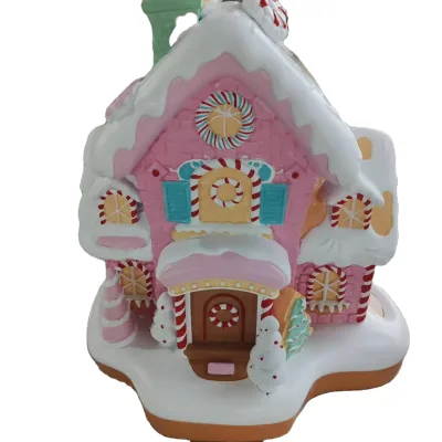 Christmas Decorations Gingerbread House Decor Figurine, Battery-Powered Resin Christmas Village Houses