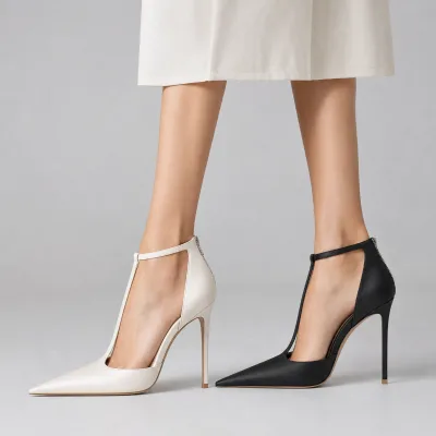 Custom Satin Heels Women Pointed Toe T Strap 12CM Stiletto Pumps Black White OEM ODM Wholesale Footwear Factory Supplier for B2B