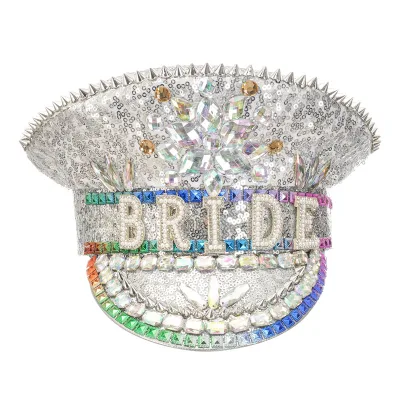 Go Party Luxury Shiny Sequins Pearl Rhinestone Wedding Bridal Hat Bachelorette Party Letter BRIDE Hats Captain Hats for Women