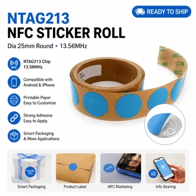 Ready to Ship NTAG213 13.56MHz NFC Sticker Roll Dia 25mm Round Printable Paper RFID Label for Smart Packaging