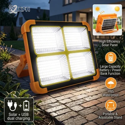Portable Solar LED Flood Light Rechargeable Work Light Super Bright Outdoor Camping Emergency Lamp with USB Power Bank