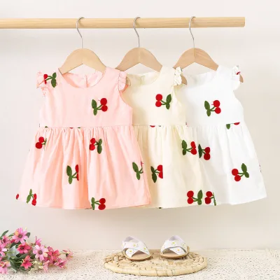 Yingtian 1481 Summer Collection Casual Sleeveless Dress Embroidered Cotton Skirt for Baby Girls New Solid Strawberry Design