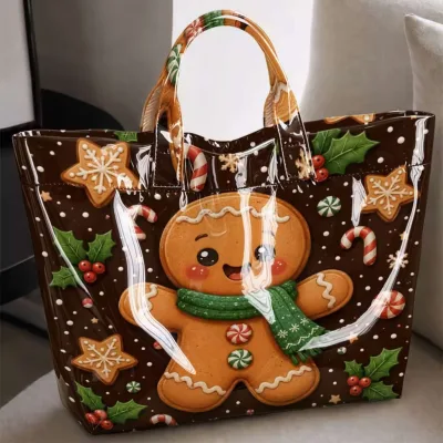 Winter Party Christmas PVC Handbags Tote Bag for Women Girls Lightweight Xmas Party Gingerbread Snowman Santa Design Tote Bags
