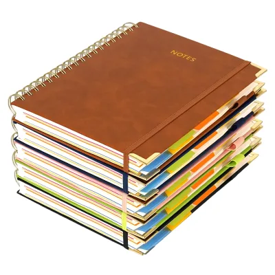 Premium A5 A4 Custom Printing Logo Lay Flat Hardcover Spiral Leather School Coil Notebook Journal with Divider Tabs