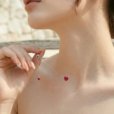Dainty Casual Style Everyday Wear Women Lovely Fine Jewelry S925 clear Fish Line Chain Red Corundum Heart Crystal Charm Necklace