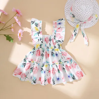 2025 New Girls' Dress European and American Printed Waisted Children's Skirt Flying Sleeve Vest Skirt Princess Skirt