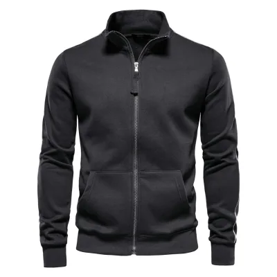 2024 Autumn Men's Long Sleeve Sweatshirt Solid Zipper High French Terry Embossed Hooded Acid Washed Technique New Casual Stand
