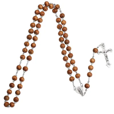 Holy Mother Mary Christian Jerusalem Cross Pendant Natural Wooden Rosary Necklace Accessories