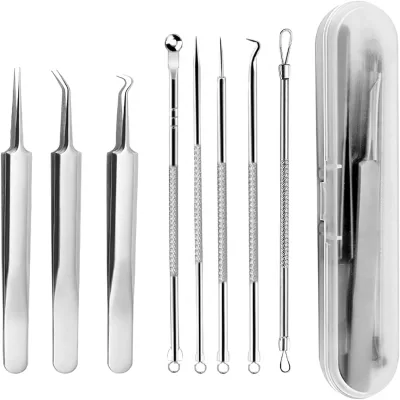 Kzouenzu Stainless Steel 8-Piece Acne & Black Points Removal Tweezers Set for Nose & Face