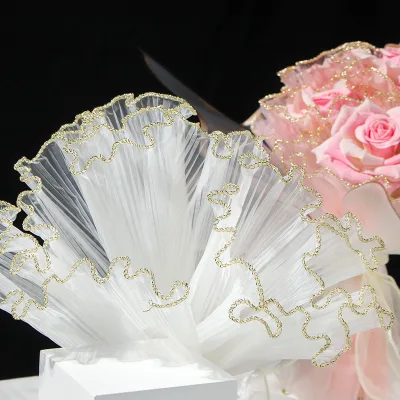 E-magic Gold Silver Edged Wave Tulle 28cm Wide 4m Long Champagne Ruffled Floral Mesh Polyester Eco-Friendly for Flower Bouquet