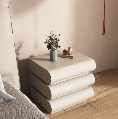 Italian Cream Leather Bedside Table Modern Minimalist White Wood Bedroom Furniture Popular for Home Internet Celebrity Use