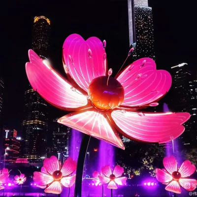 Giant Pink Peach Blossom LED Landscape Lamp Group Translucent Acrylic Petal Sculpture Floor Light Anti-rust Metal Flower Stem