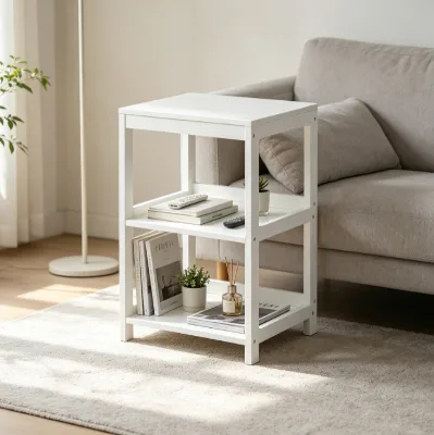 White 3-Tier Open Storage Side Table, Square Nightstand Shelf for Living Room