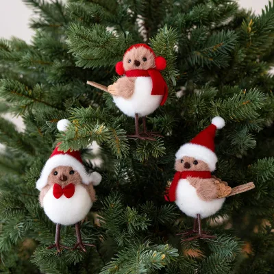 New Cross-border Luxury Christmas Decoration Tree Ornament Artificial Foam Bird Red Scarf Hat Cartoon Style