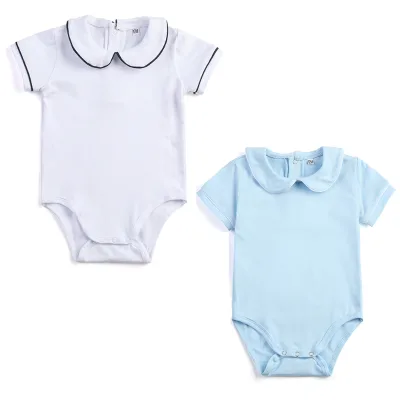 Boutique White and Blue Peter Pan Collar Baby Bodysuit Blank Cotton Infant Boys Onesie