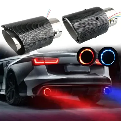 Car Refit Single Outlet Straight Throat Exhaust Pipe Universal Car LED Exhaust Tip Tail Pipe Red Blue Light