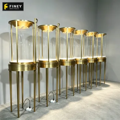 Bespoke Led Lighting Gold Stainless Steel Frame Luxury Lockable Tempered Glass Jewelry Display Showcase