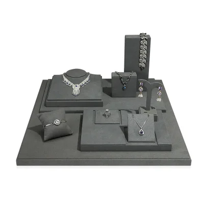 Counter Display Racks for Jewelry, Super Fiber Gray PU Leather Jewelry Necklace Bracelet Ring Earring Display Stand Combination