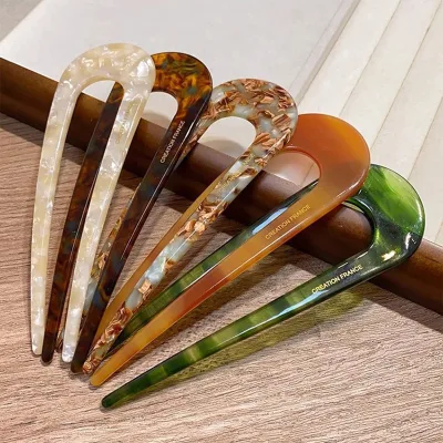 BIZE Custom Logo French Style Bun Hair Fork Stick Acetate U Shaped Updo Hairpins Women's Hair Accessories